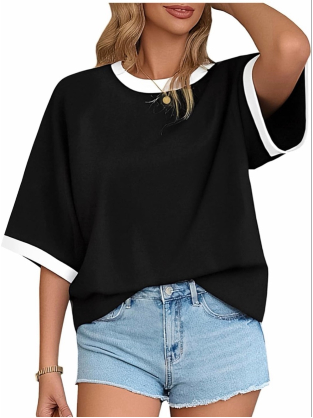 NEW LilyCoco Ringer Tee Casual Oversized Raglan Short Sleeve Shirt S